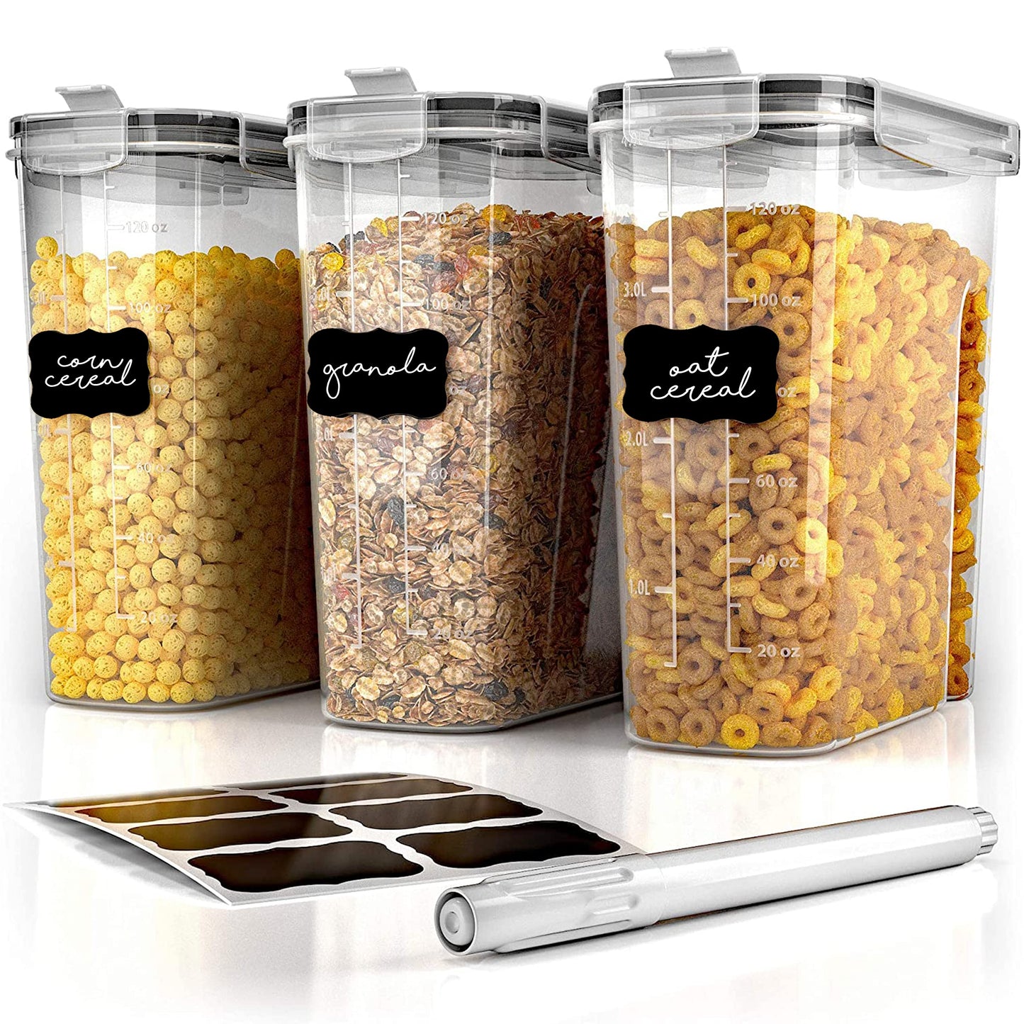 Simply Gourmet Airtight Cereal Containers with Lids – 3 Piece Tall Kitchen Pantry Organization Set, BPA-Free Clear Plastic, Pour Spout Lids for Breakfast Cereal, Rice, Flour, Sugar, Snacks