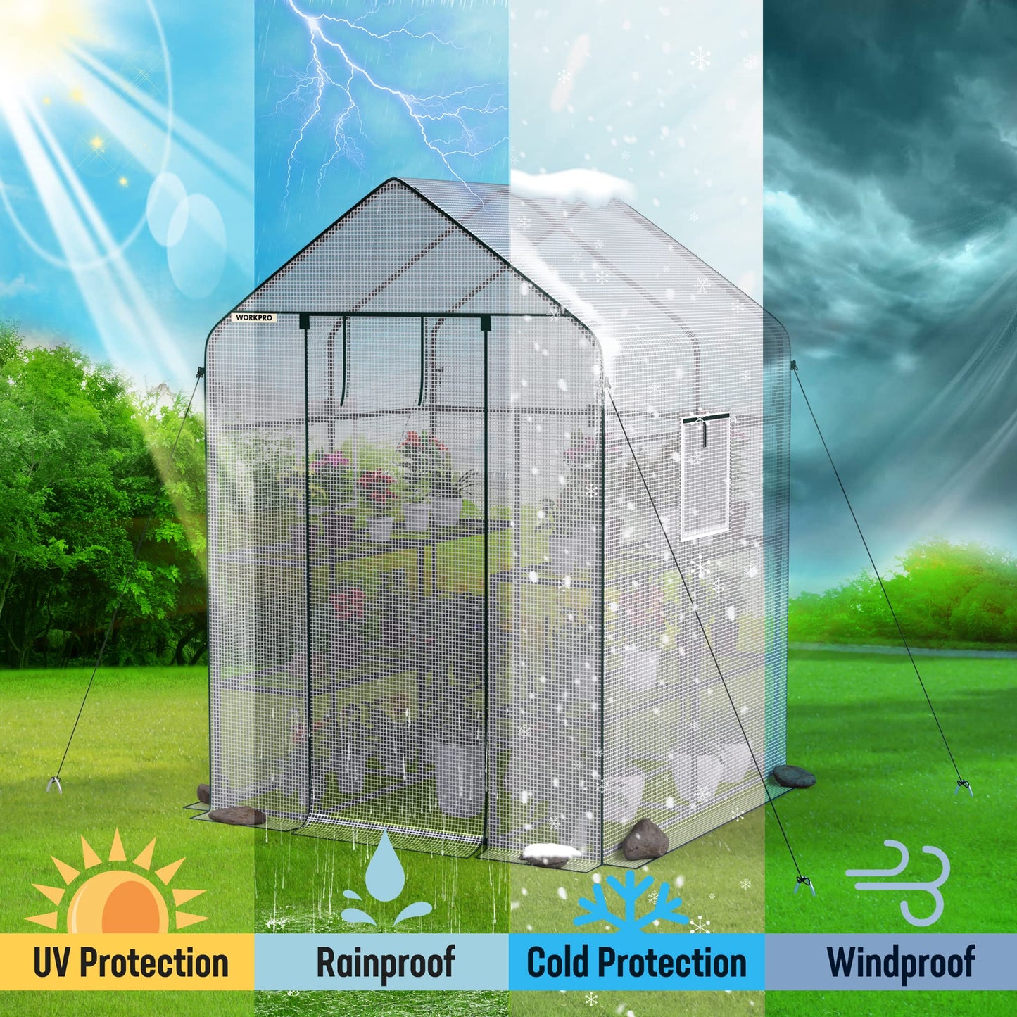 WORKPRO Greenhouse, 56” x 56” x 77” Heavy Duty Walk in Greenhouses for Outdoors with Screen Windows, Thicken PE Cover, 3 Tier 8 Shelves Portable Green House Kit for Patio, Backyard and Porch