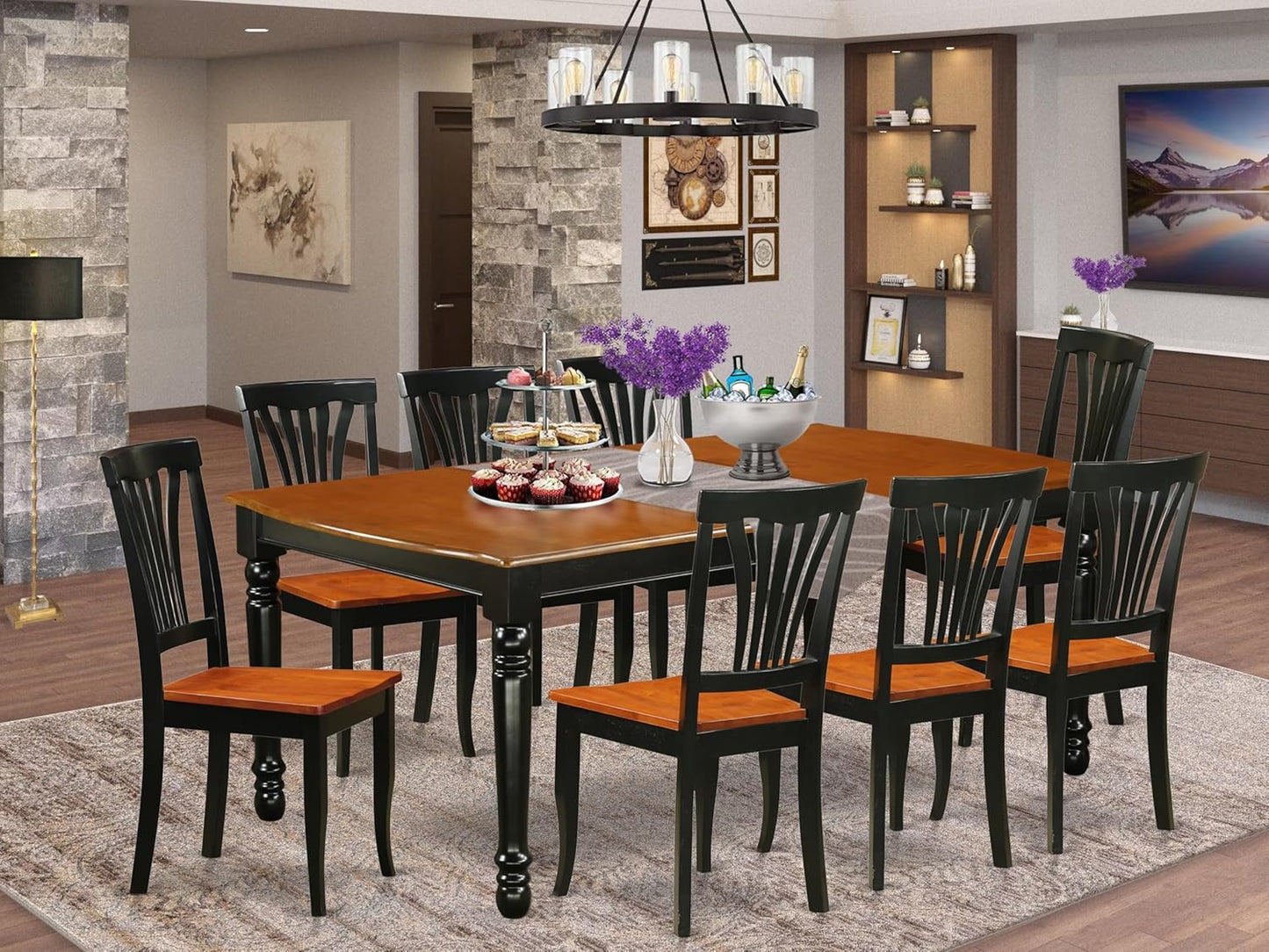 East West Furniture DOAV9-BCH-W 9 Piece Dining Table Set Includes a Rectangle Dining Room Table with Butterfly Leaf and 8 Wooden Seat Chairs, 42x78 Inch, Black & Cherry