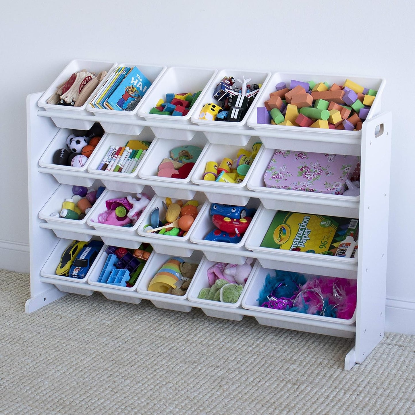 Humble Crew Extra-Large Toy Organizer with 20 Plastic Bins – White/White Storage Rack with 4-Tier Shelves, Anti-Tip Safety, for Kids’ Rooms, Playrooms, Nurseries & Classrooms