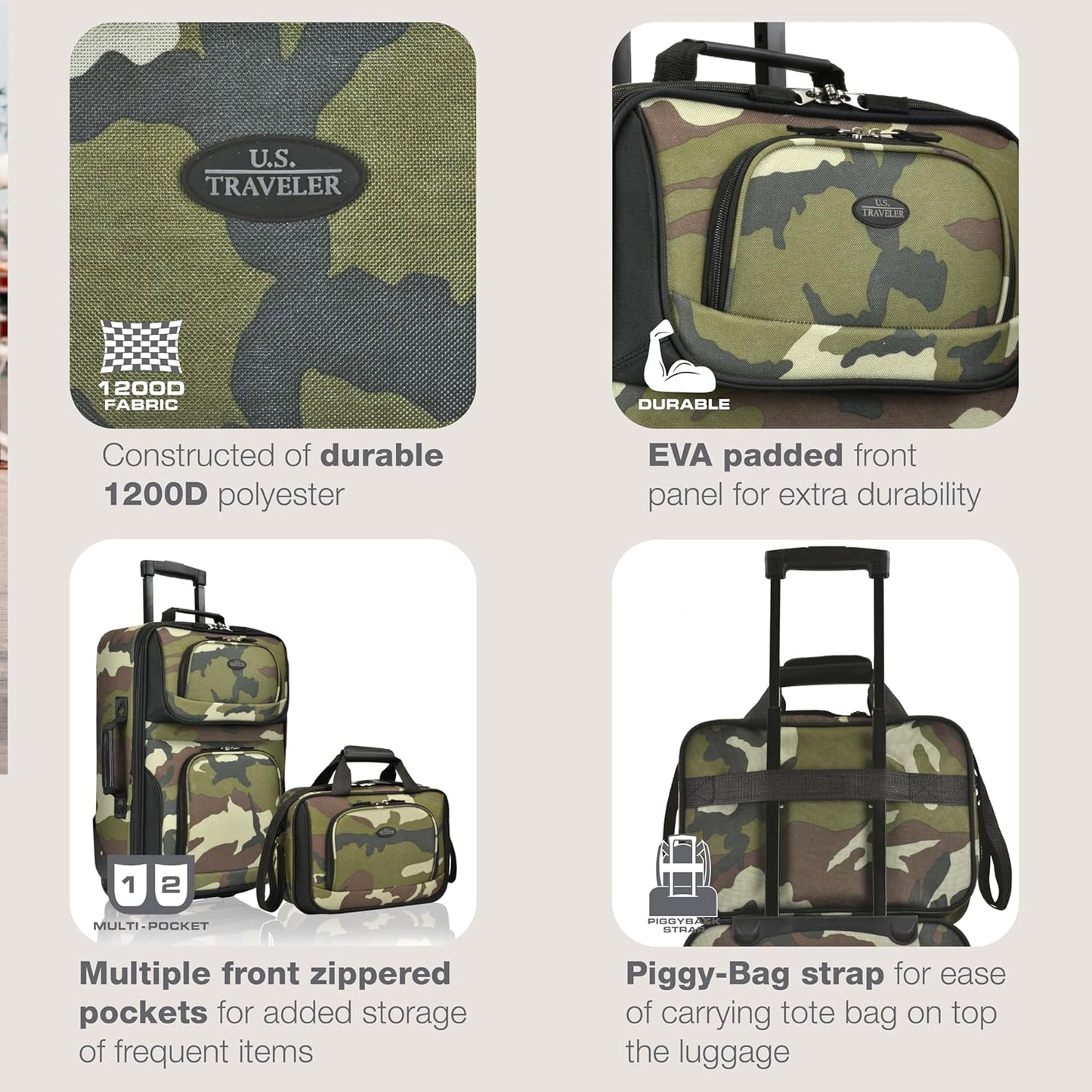 U.S. Traveler Rio Rugged Fabric Expandable Carry-on Luggage, Rolling Suitcase, Camouflage, 2 Wheel Set
