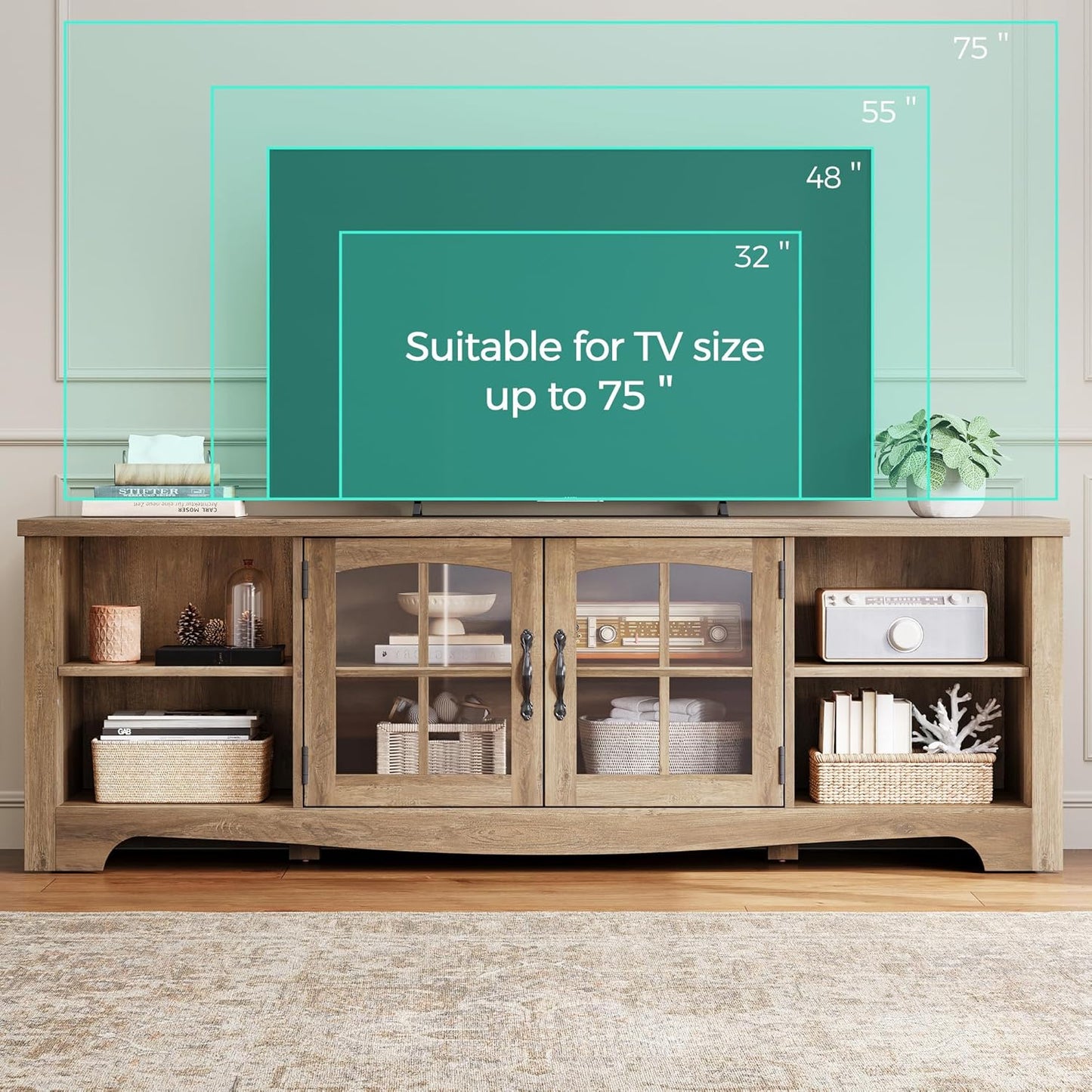LINSY HOME TV Stand for 75 Inch TV, Modern Farmhouse Entertainment Center with Storage Cabinets and Glass Doors, Tall Media Console Table for Living Room, Bedroom, Large Long Television Stand, Brown