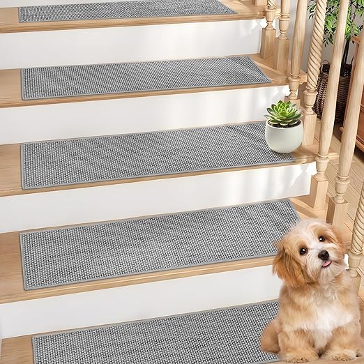 Natural Linen Stair Treads for Wooden Steps, 4 Pcs 8" x 30",Non Slip Stair Runner, Peel and Stick Carpet Indoor for Kids Elders and Pets (4, Grey, 8" x 30")