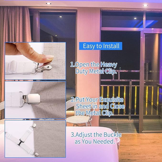 Upgrade Bed Sheet Straps 8 PCS Heavy Duty Bed Sheet Holder for Corners Fitted Sheet Clips Sheet Suspenders White