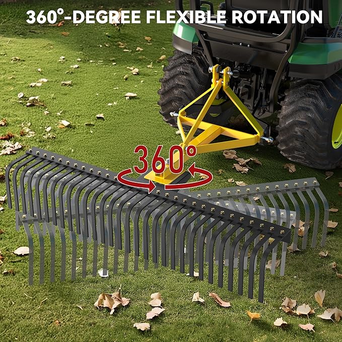 YITAMOTOR 3 Point Landscape Rock Rake for Category 1, 5 FT Attach Tractor Rake with 360 Degree Rotation, Tow-Behind Lawn Garden Tool Attachment for Compact Tractors