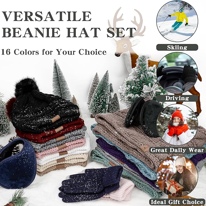 Winter Hat Scarf Gloves and Ear Warmer, Warm Knit Beanie Hat Touch Screen Gloves Set Winter Gifts Neck Scarves for Women