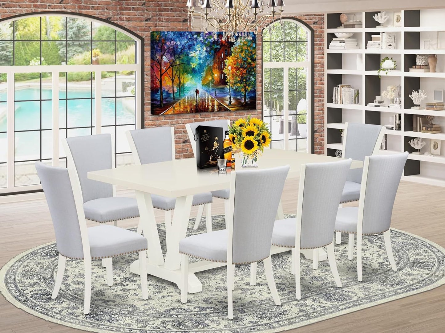 East West Furniture V027VE005-9 9 Piece Kitchen Table Set Includes a Rectangle Dining Table with V-Legs and 8 Grey Linen Fabric Parsons Dining Chairs, 40x72 Inch, Multi-Color