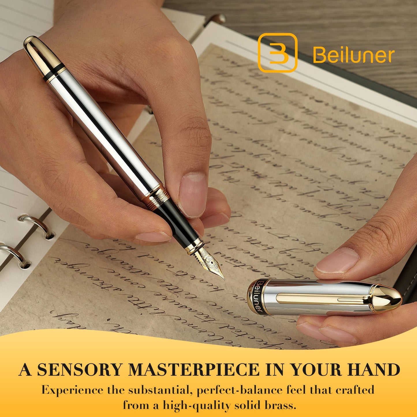 BEILUNER 315 Silver Chrome Fountain Pen,Stunning Luxury Pens with 24K Gold Accents, Gorgeous 24K Gilded Nib(Medium), Ink Converter,Fancy Pen Gift for Men&Women-Elegant, Office, Reliable, Nice Design
