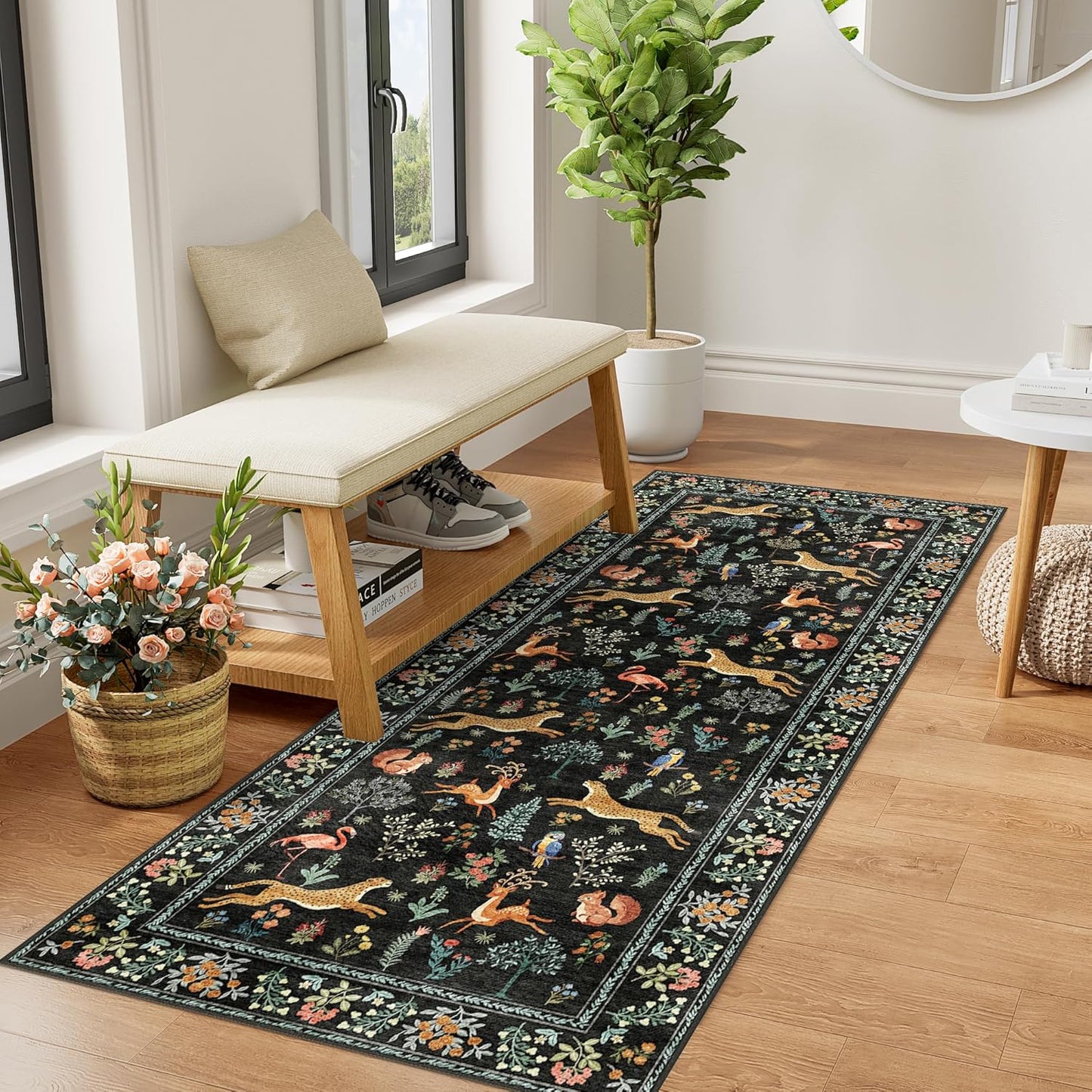 DUKINO 2x5 Rug for Hallway, Washable Kitchen Runner Rug with Non Slip Backing, Soft Low Pile Vintage Animal Runner for Bedroom, Kitchen, Hallway, Entryway, Laundry, Black