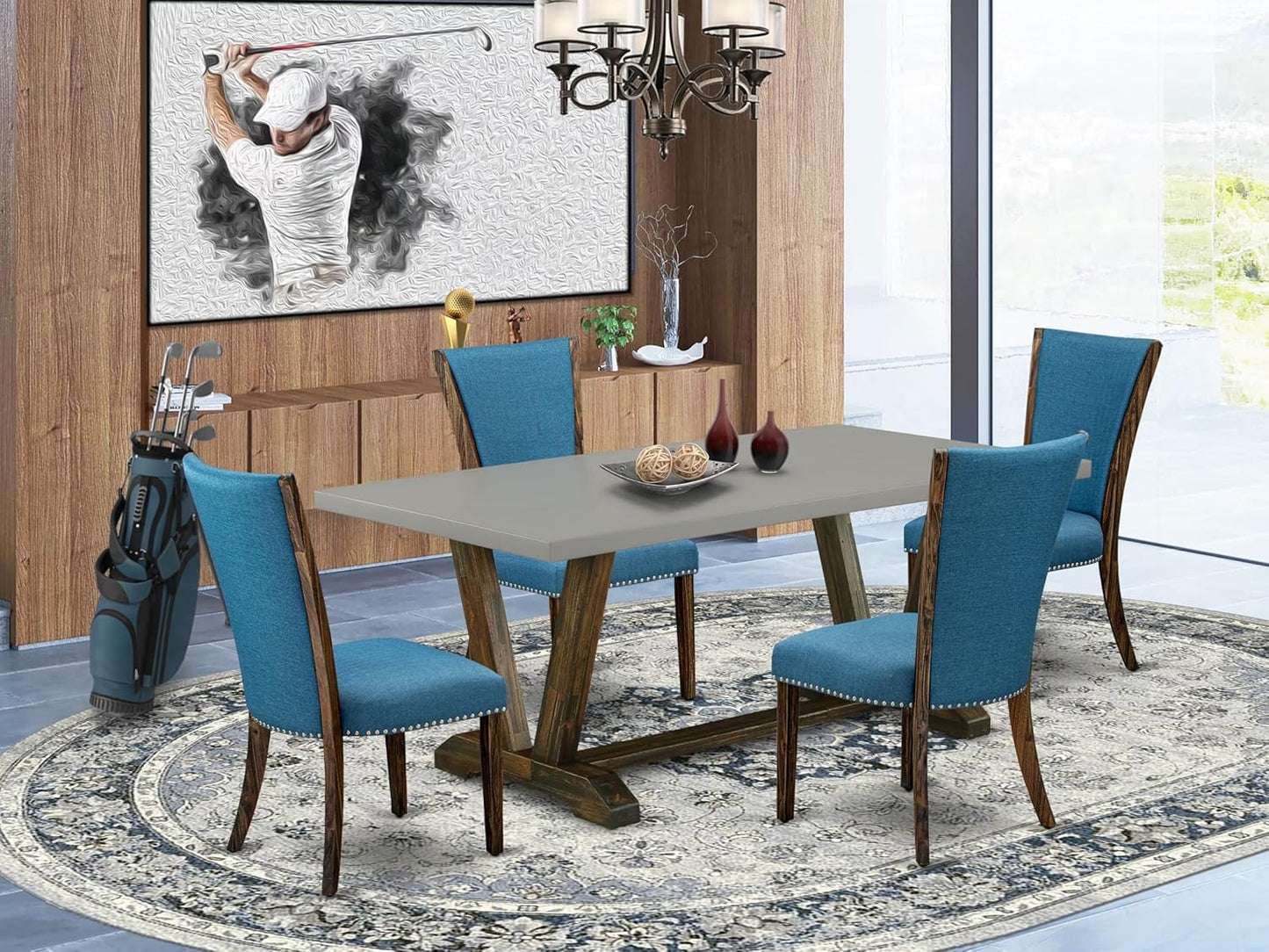 East West Furniture V797VE721-5 5 Piece Dining Room Table Set Includes a Rectangle Kitchen Table with V-Legs and 4 Blue Color Linen Fabric Parson Dining Chairs, 40x72 Inch, Multi-Color