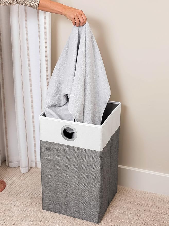 BIRDROCK HOME Folding Cloth Laundry Hamper with Handles - Dirty Clothes Sorter - Easy Storage - Collapsible - Grey and White