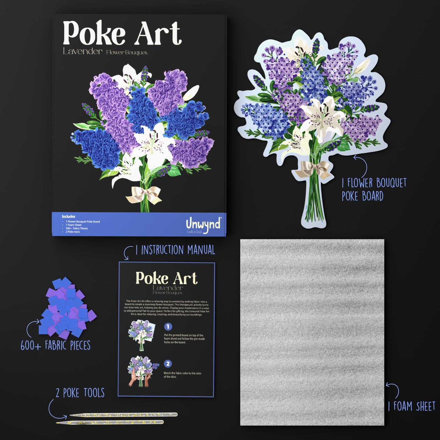 Unwynd Poke Art Lavender Flower Bouquet | Mess-Free Arts and Crafts for Adults | Teen Craft Kits, Mother's Day Flowers Gift | Gifts for Mother, Women and Men