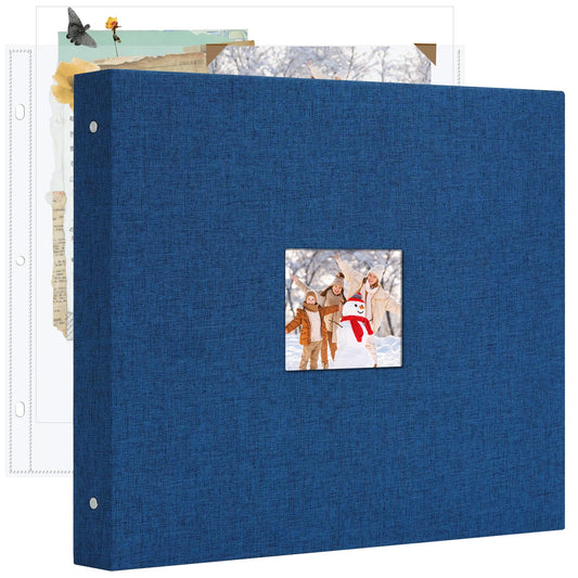 Hiwhy 12x12 Inch Large 3 Ring DIY Scrapbook Photo Album, Linen Cover Scrapbook with 20 Sheets Plastic Sleeves 40 Pages Memory Book for Wedding Birthday Baby Family (Navy)