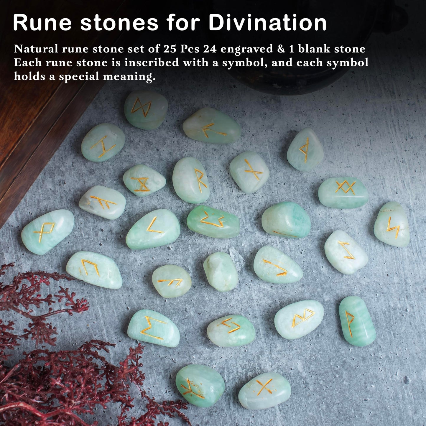 Crocon Amazonite Rune Stones Sets for Beginners with Elder Futhark Alphabets for Healing Chakra Crystals Reiki feng Shui Gemstone Runes Set Size: 15-20 mm with a Pouch & Rune brochure