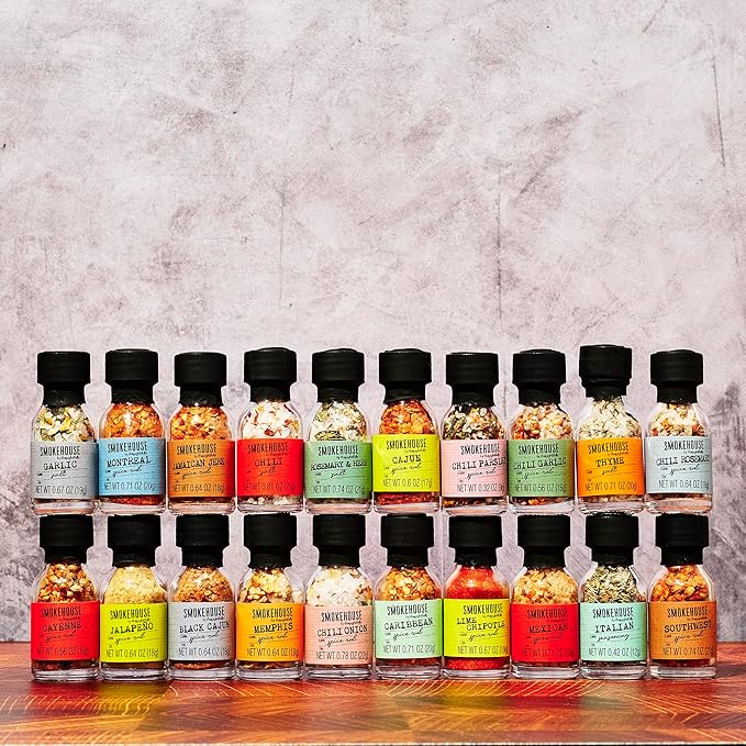 Smokehouse by Thoughtfully, Gourmet Ultimate Grilling Spice Set with Father’s Day Wrap, Includes 20 BBQ Seasonings & Rubs Like Chili Garlic, Italian, and Cajun, Gift for Dad