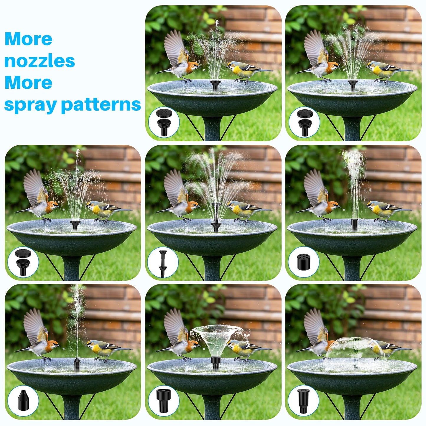 Biling 6.5W Solar Fountain for Bird Bath, Solar Water Pump with Multiple Nozzles, Solar Water Feature for Garden Yard Small Fish Pond, Attracts Birds with Flowing Water