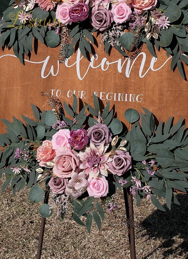 Wedding Arch Flowers, Artificial Floral Decor for Wedding Ceremony & Reception, Standard Size Large Flower Swag Set for Backdrop & Welcome Sign, Pack of 2 (Dust No. 1)