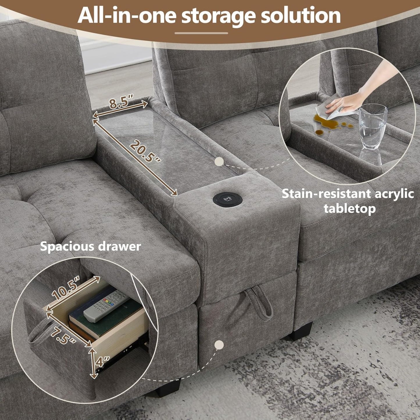 Merax 6 Seater Chenille Sectional Couches with 2 Acrylic Table Top Consoles, Upholstered Modular Tufted Sofa Chaise with Ottoman, Storage Drawers, Pockets, USB Charger & Cup Holders for Living Room