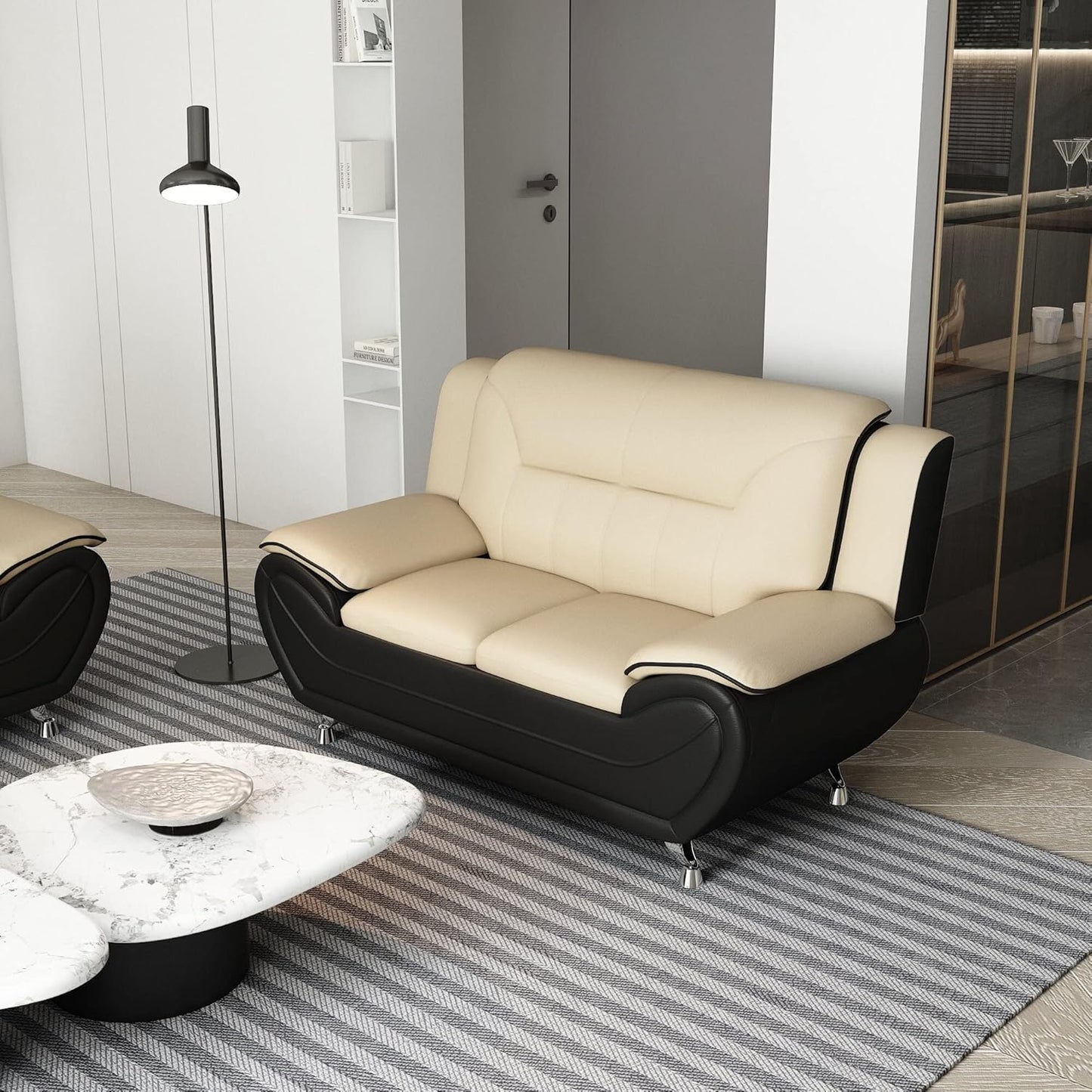 Container Furniture Direct Michael Modern Faux Leather Upholstered Stainless Steel Legs Living Room Sofa, Loveseat, Camel/Black