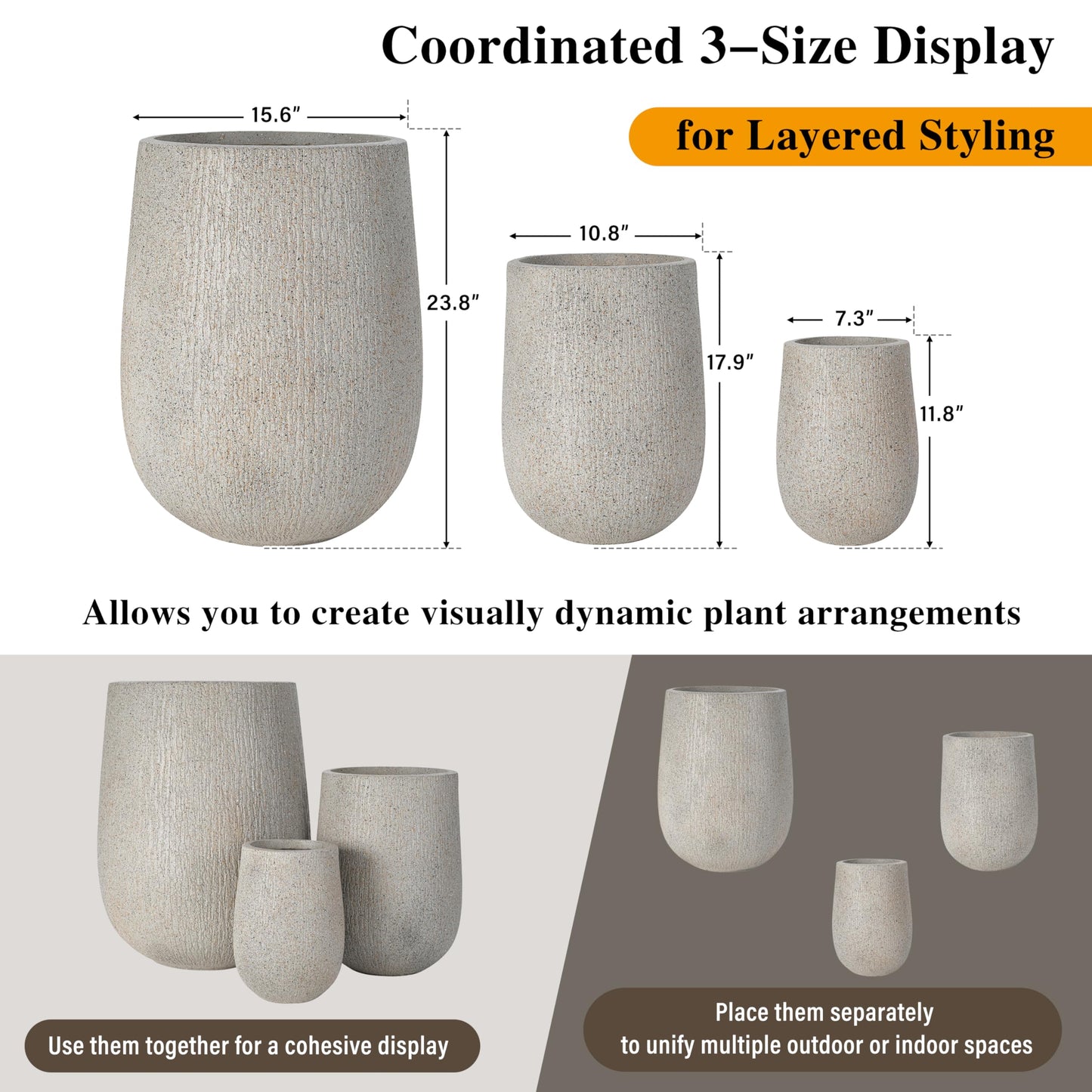 Ningering Egg-Shaped Outdoor Planter Set of 3,Modern Stone-Look Textured Flower Pots with Drainage Holes and Rubber Plug, Suitable for Patio, Garden, Poolside & Indoor (Gray)