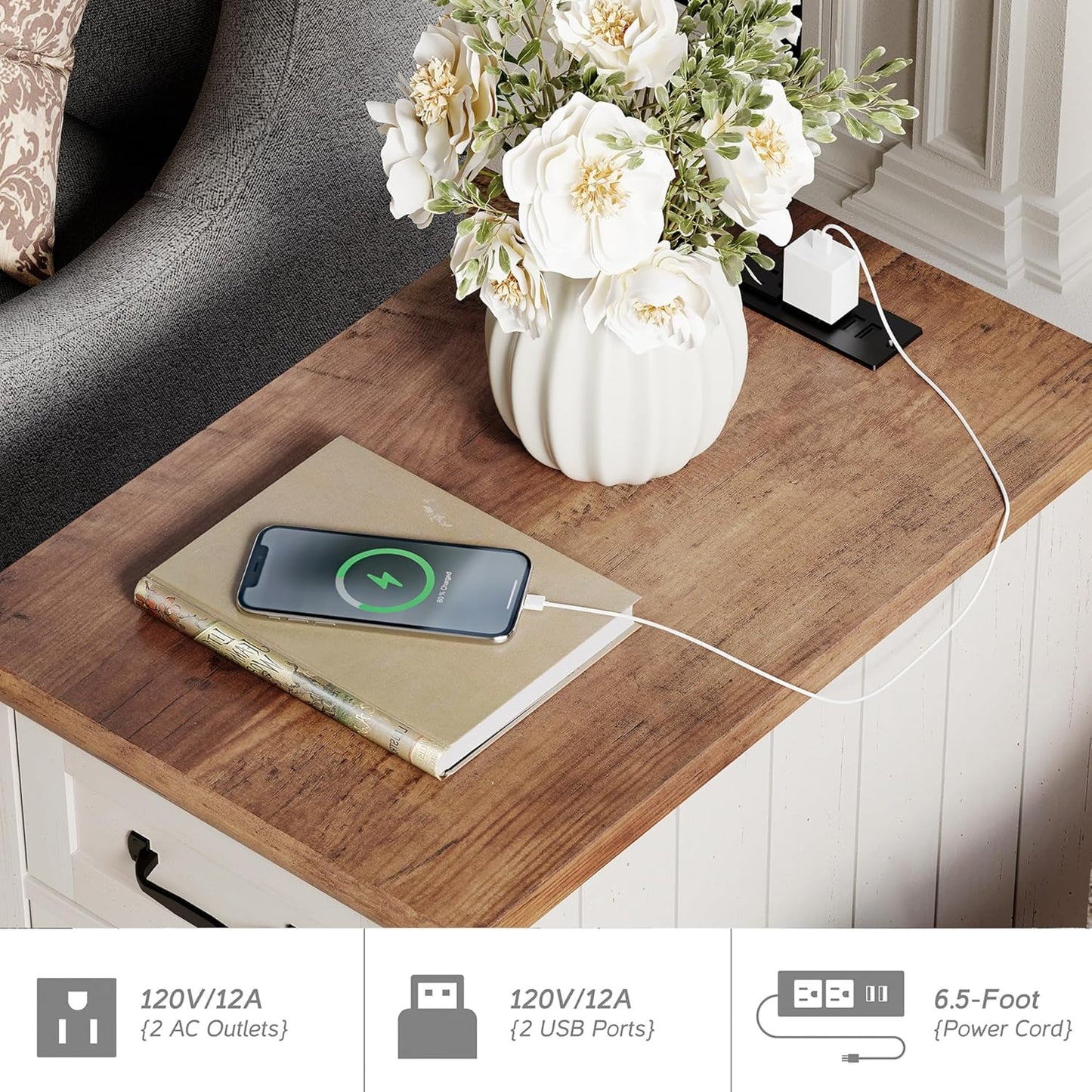 WAMPAT 2 Pack Off White End Table with Charging Station, Wood Side Sofa Table with Drawer and Storage Cabinet, Modern Nightstand with Power Outlets & USB Ports for Living Room, Bedroom