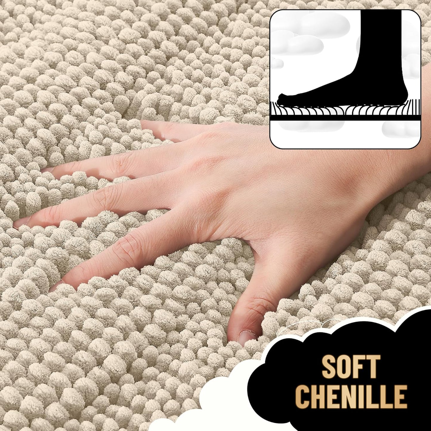 OLANLY Thick Bathroom Rugs 24x16, Extra Soft Absorbent Chenille Striped Bath Rugs, Rubber Backing, Machine Wash Dry, Bath Mats for Bathroom Floor, Tub and Shower, Home Decor Accessories, Sand