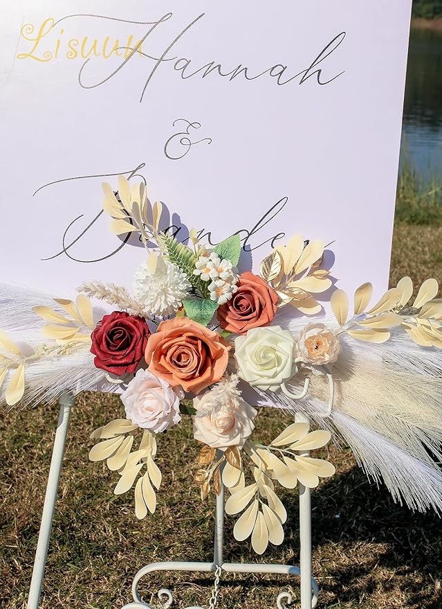 Wedding Arch Flowers, Artificial Floral Decor for Wedding Ceremony & Reception, Standard Size Large Flower Swag Set for Backdrop & Welcome Sign, Pack of 2 (Orange Wine Red Pampas)