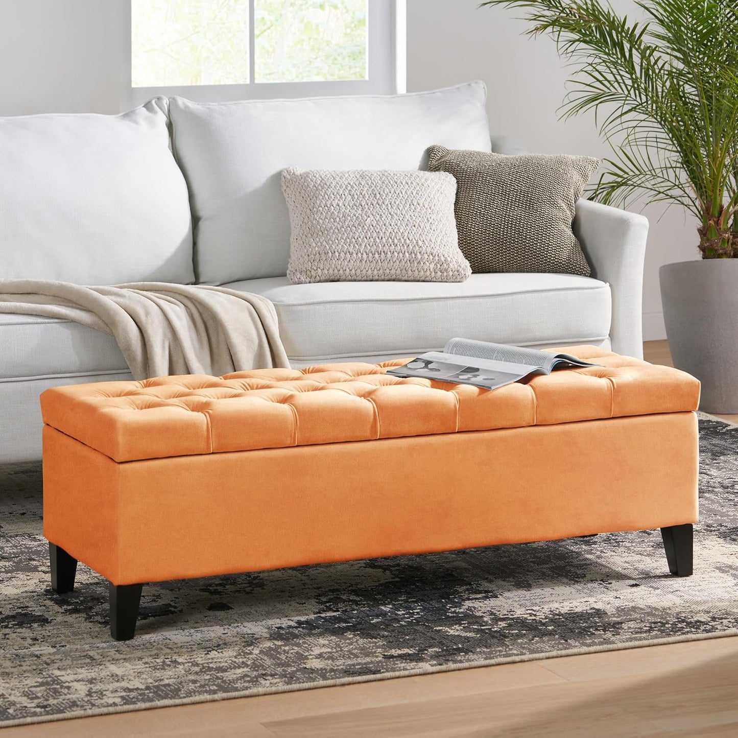 Christopher Knight Home Gloust Velvet Storage Ottoman, Upholstered Rectangular Storage Bench, Living Room Seating, Tufted BottonFoot Rest Stool for Home Office, Entryway and Bedroom, Orange