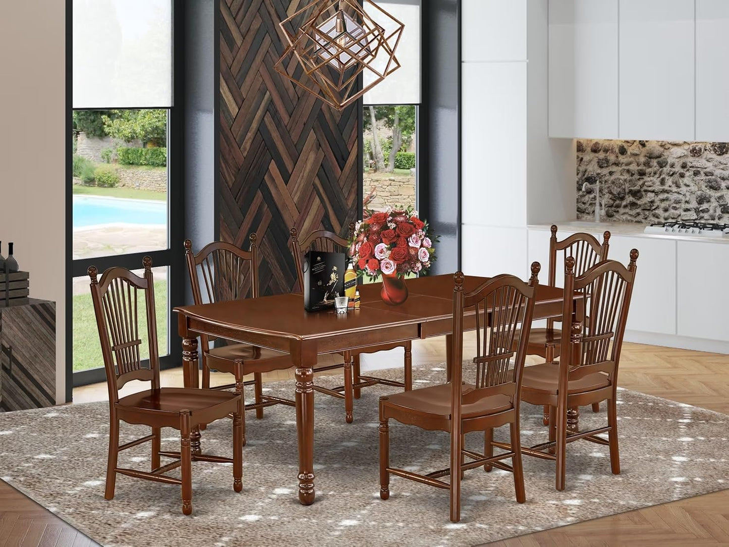 East West Furniture DODO7-MAH-W 7 Piece Modern Dining Table Set Consist of a Rectangle Wooden Table with Butterfly Leaf and 6 Dining Room Chairs, 42x78 Inch, Mahogany