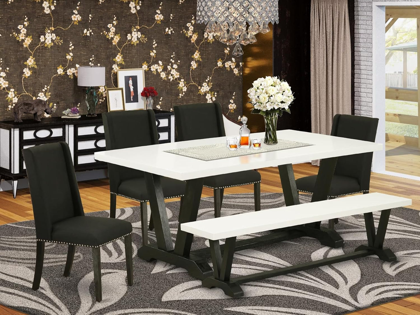East West Furniture V627FL624-6 6 Piece Dining Room Table Set Contains a Rectangle Kitchen Table with V-Legs and 4 Black Linen Fabric Parson Chairs with a Bench, 40x72 Inch, Multi-Color