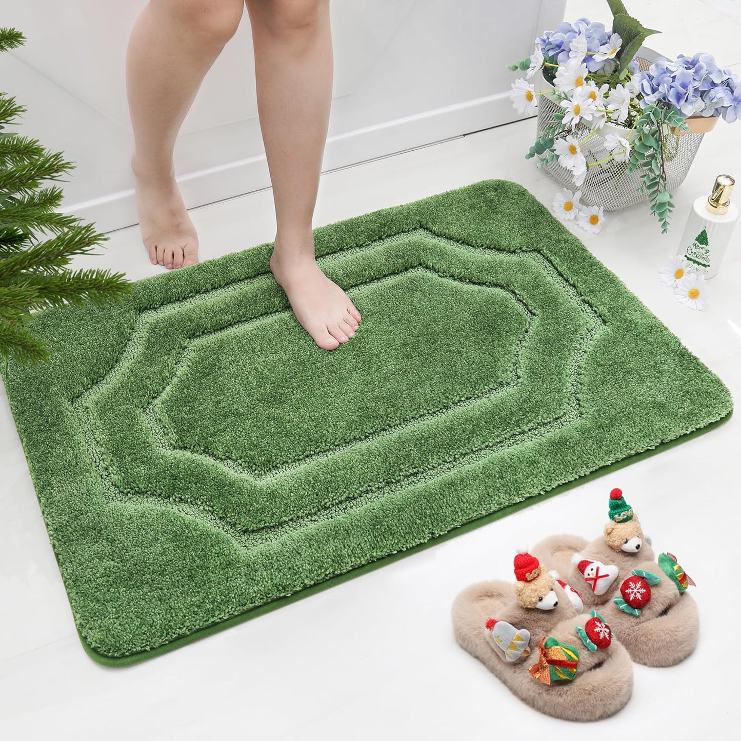 BEQHAUSE Bathroom-Rugs-Non-Slip-Bath Mats for Bathrooms Soft and Absorbent Polyester Microfiber Bathmat Machine Washable Quick Dry Shaggy Shower Mat for Bathtub and Sink,24" x36”,Green