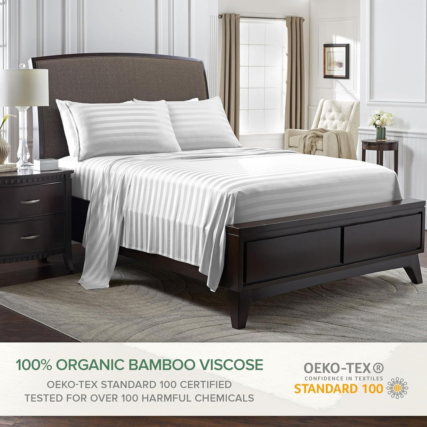 Split King Sheets by Pure Bamboo, Genuine 100% Organic Viscose Derived from Bamboo Bed Sheet Set, Soft & Cooling, Double Stitching *Not for Split Top (Split King, Jacquard White)