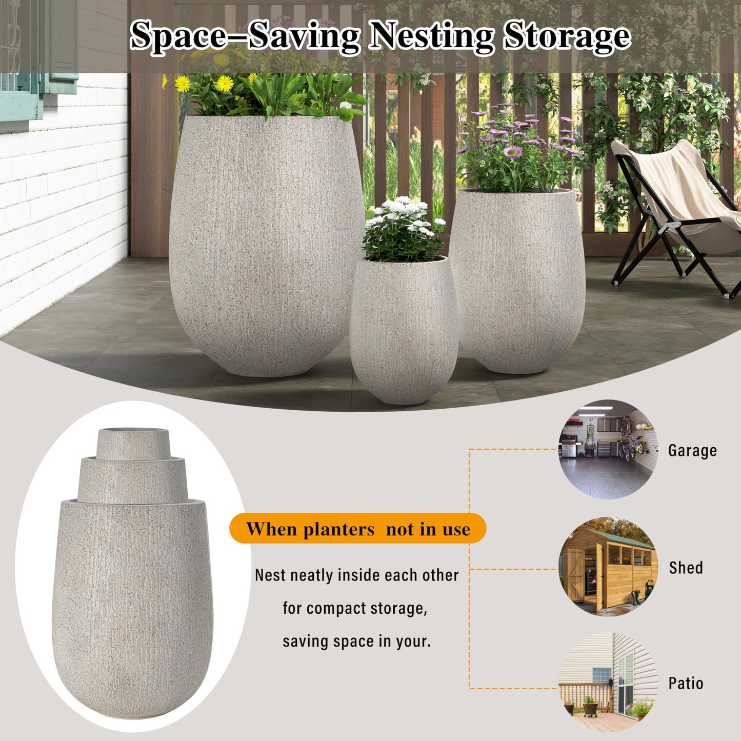 Modern Egg-Shaped Planter Set of 3, Lightweight MGO Stone Look Flower Pots with Drainage Holes & Rubber Plug for Indoor Outdoor Patio Garden Poolside Decor, Unique Textured Succulent Container