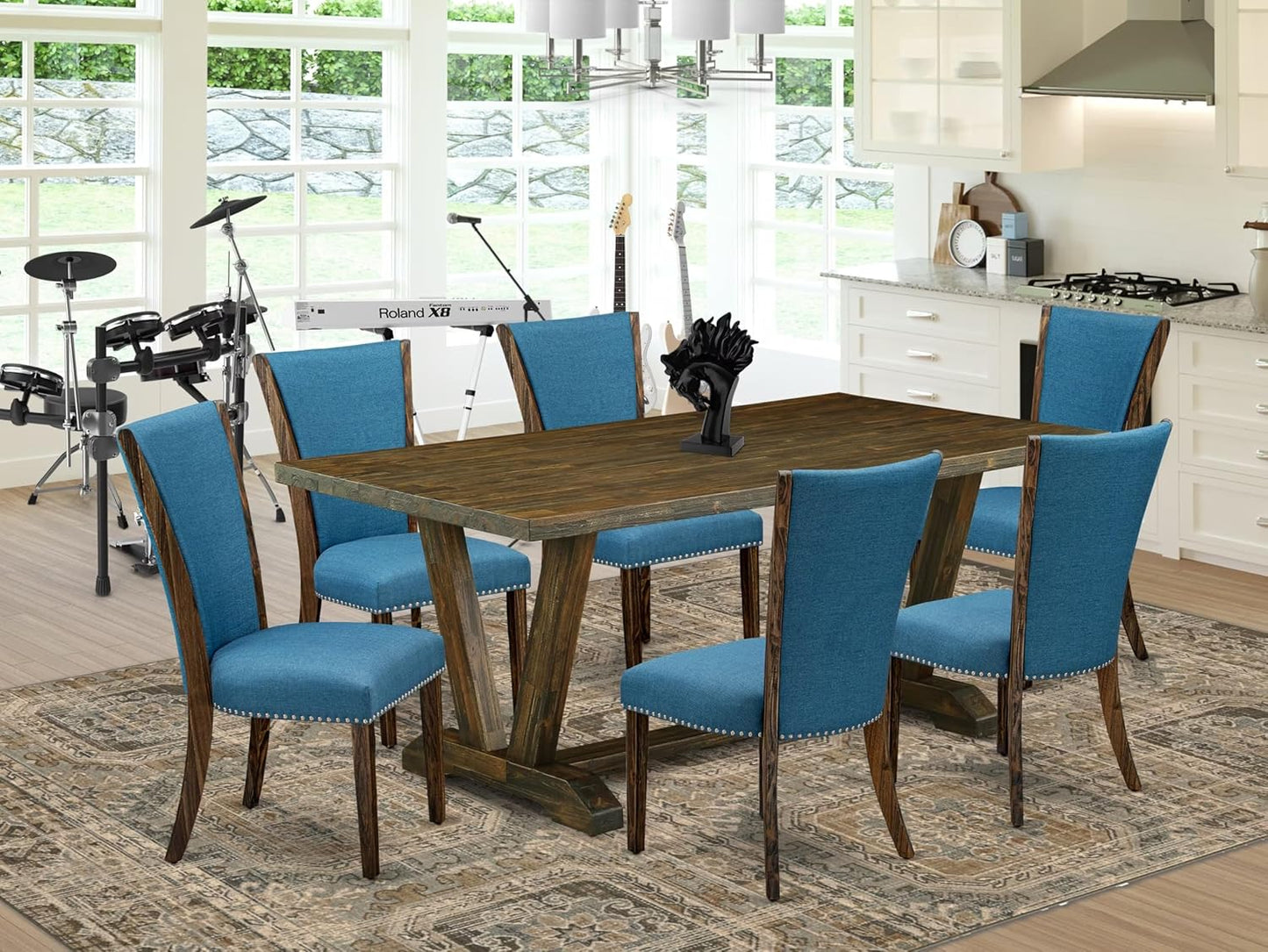 East West Furniture V777VE721-7 7 Piece Dining Room Table Set Consist of a Rectangle Dining Table with V-Legs and 6 Blue Color Linen Fabric Upholstered Chairs, 40x72 Inch, Multi-Color