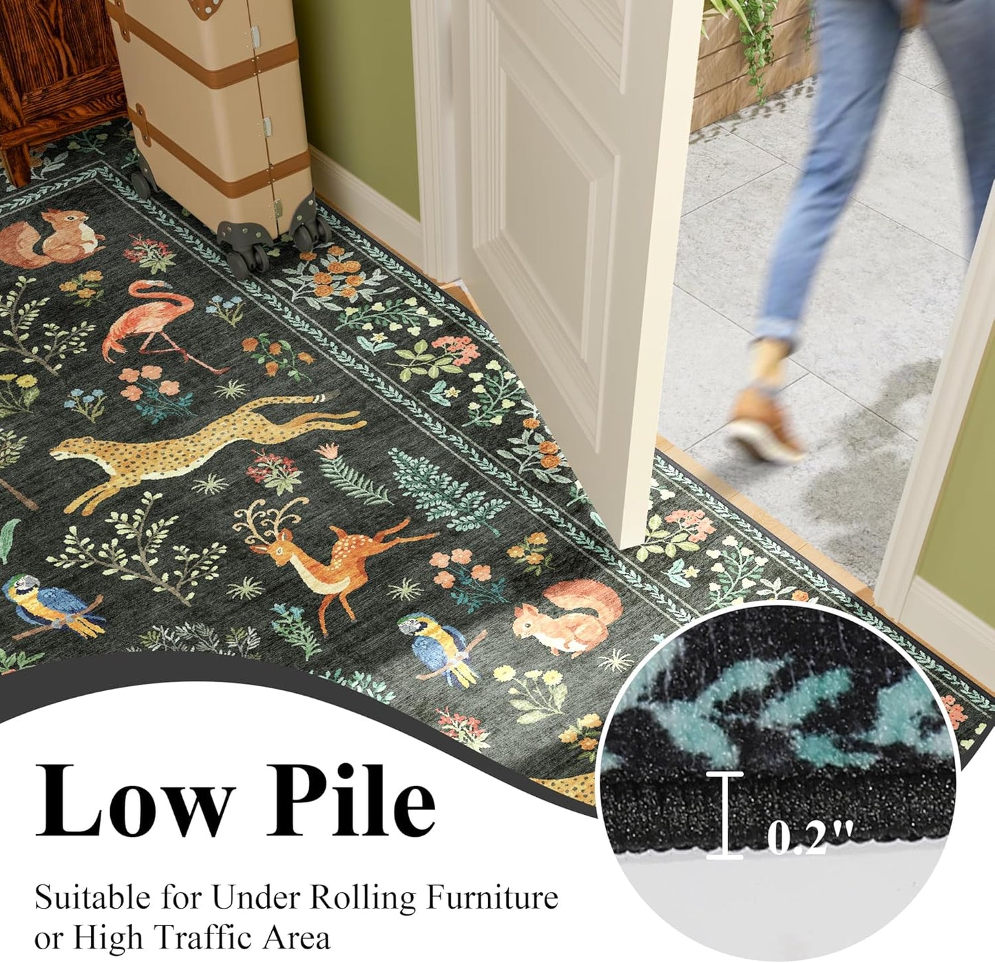DUKINO 4x6 Rug, Washable Animal Area Rug with Non Slip Vintage Design, Indoor Soft Low Pile Carpet for Bedroom, Nursery, Dining Room, Farmhouse, Playroom, Black