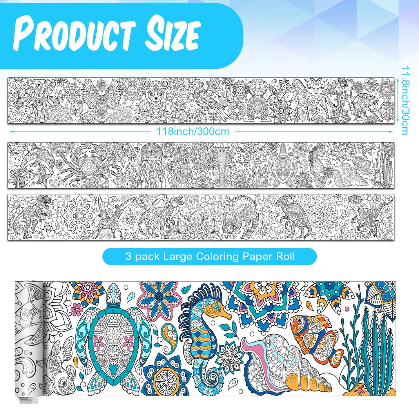 Pasimy 3 Pieces Giant Coloring Posters 11.8 x 118 Inch Mandala Animals Jumbo DIY Drawing Paper Large Coloring Sheets Pages Huge Mandala Drawing Banner for Adult Kid Home Classroom Activity(Animals)