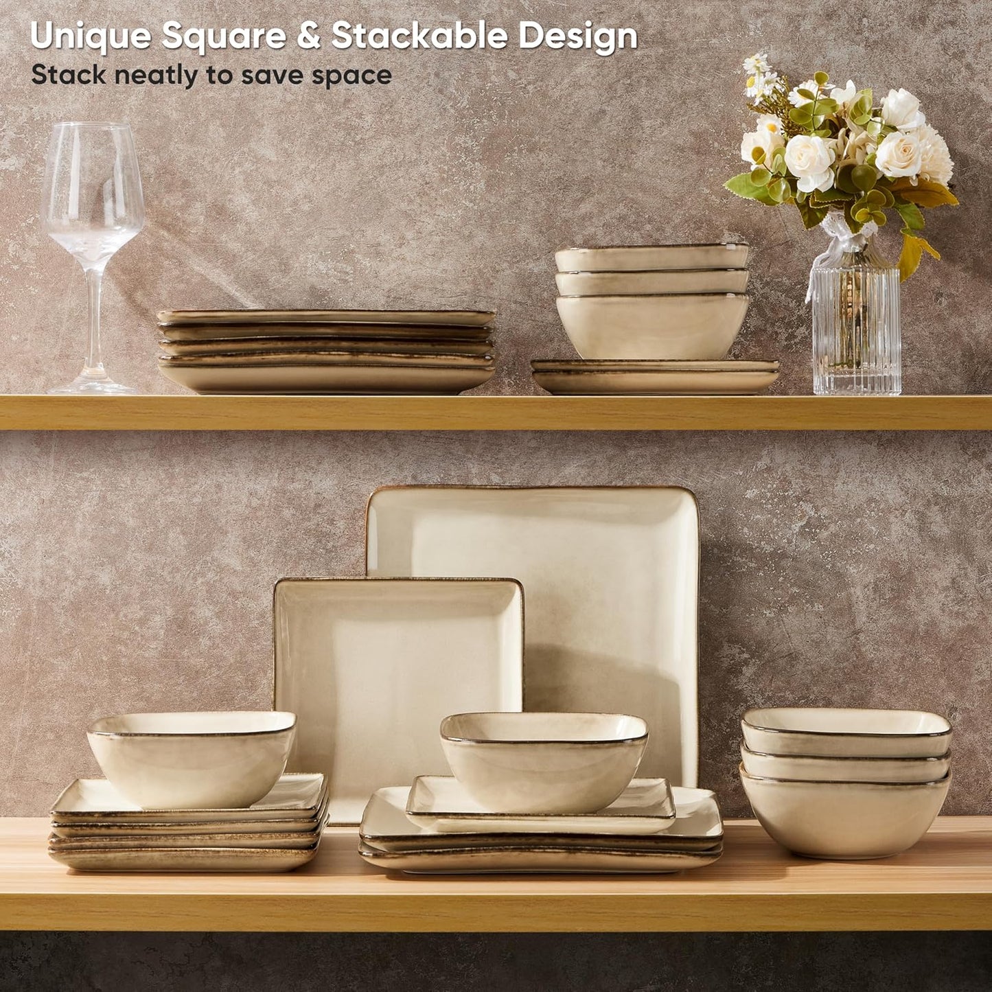 E-far Square Dinnerware Sets for 8, 24-Piece Stoneware Plates and Bowls Dishes Set, Reactive Glaze Porcelain Dishware Sets, Chip & Scratch Resistant, Microwave & Dishwasher Safe, Sandy Beige