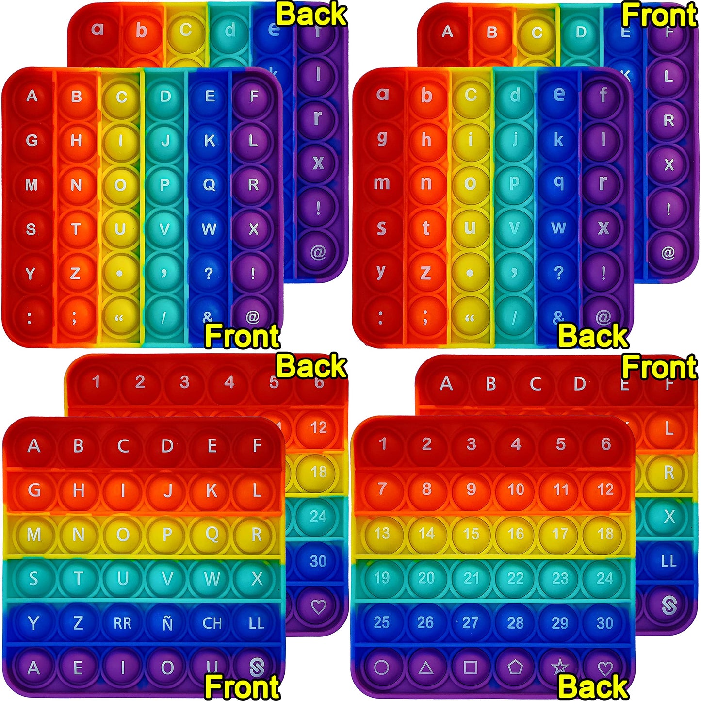 Alphabet Pop Fidget Toy Letters ABC Numbers Learning and Educational Toys Square Sensory Toys Popper Games Gifts for Kids ADHD Autism 4 Packs Double Side(2 Alphabet Numbers and 2 Uppercase Lowercase)
