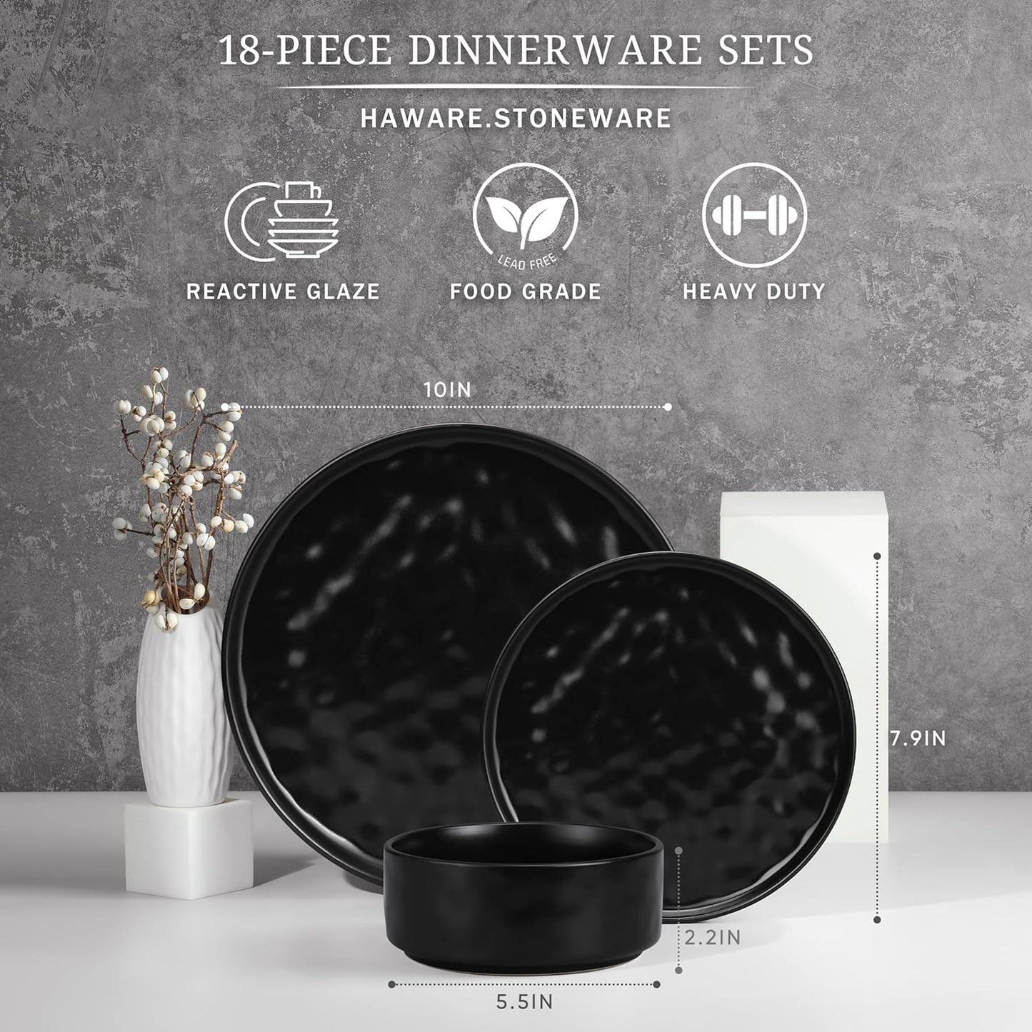 HaWare Dinnerware Sets, 18-Piece Plates and Bowls Set, Stoneware Dish Set for 6, Ceramic Dinnerware for Home Restaurant, Chip and Scratch Resistant, Microwave and Dishwasher Safe, Matte Black
