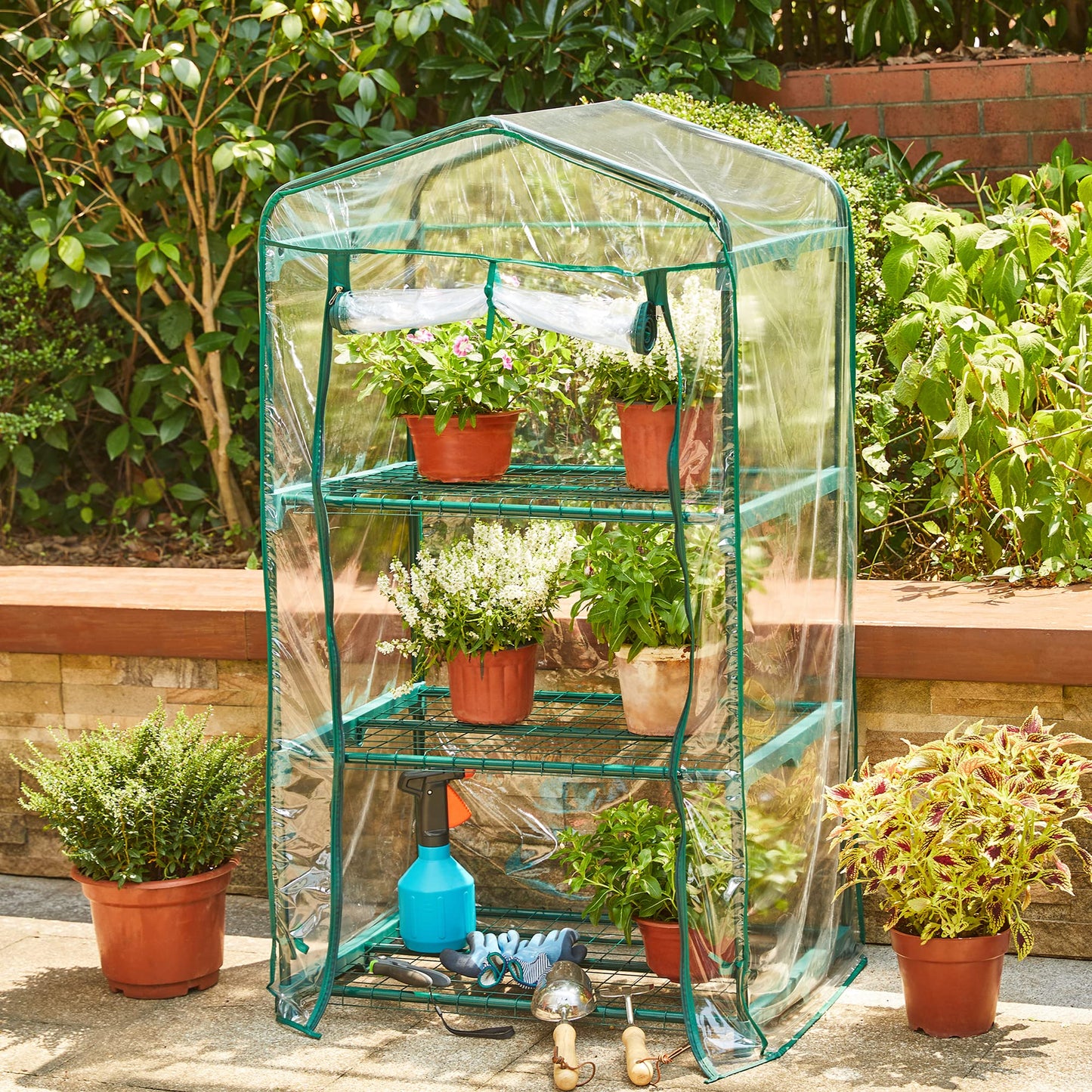 Glitzhome Portable Indoor Outdoor Patio Mini Greenhouse, Green, 3-Tier