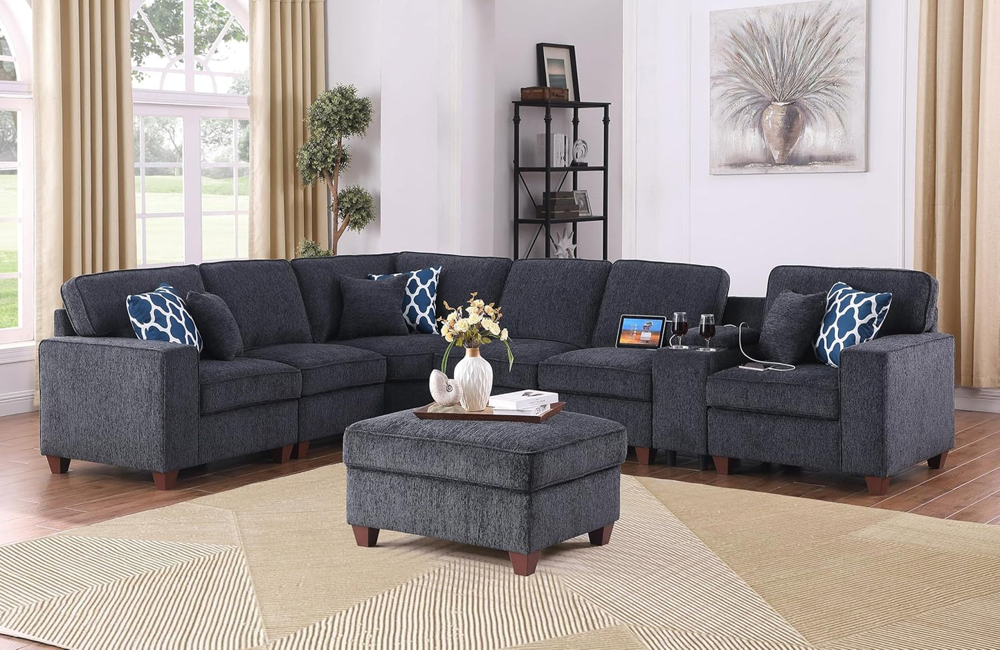 127" L-Shaped Sectional Couch with Movable Ottoman&6 Throw Pillows,7 Seat Chenille Upholstered Sofa W/2 Cup Holder,USB Port&Hidden Storage Box,DIY Combination,for Living Room,Apartment,Dark Gray