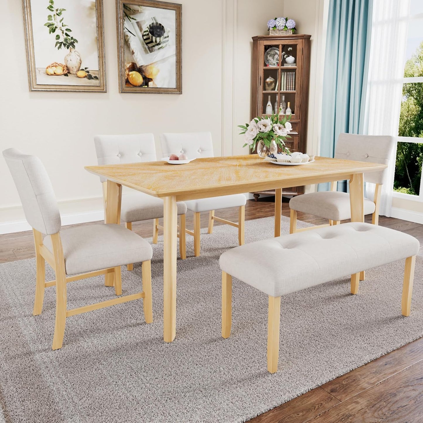 Merax 6 Piece Solid Wood Dining Table Set for 6, Rustic Farmhouse Rectangular with 4 Upholstered Wooden Chairs and 1 Bench, Kitchen Room, Natural Wood Wash