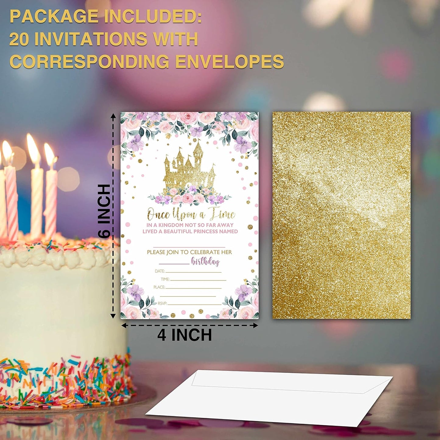 Princess Birthday Invitations for Girls, 20-Count Birthday Party Invitations With Envelopes, Magical Kingdom Castle Style Birthdays Party Decorations And Supplies-HBYQK-A01