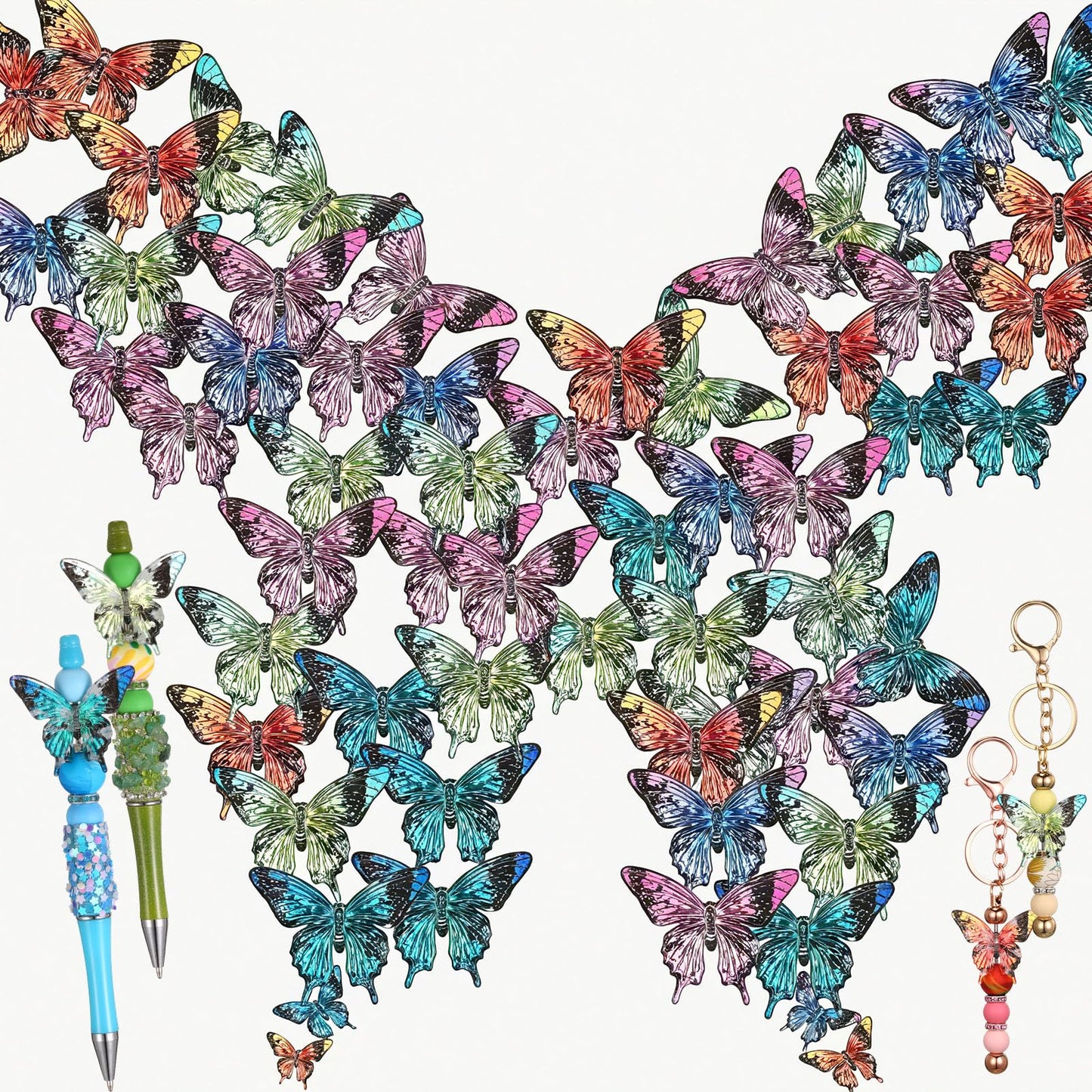 Tondiamo 60 pcs Acrylic Butterfly Beads for Pens Bulk Cute Colorful Transparent Fancy Acrylic Bead for Beaded Pen Necklace Bracelet Charms Keychain Making Jewelry Making DIY Gifts