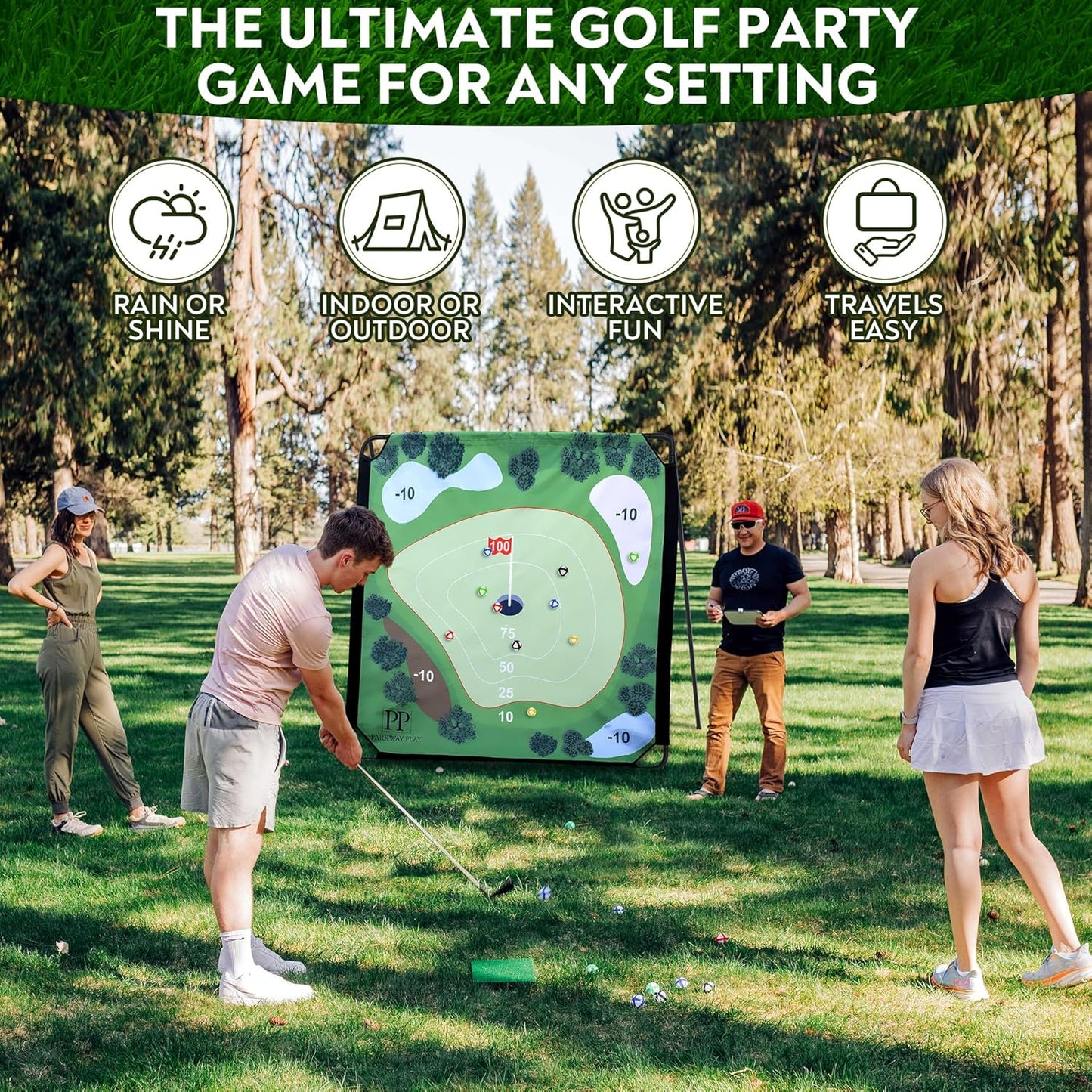 Sticky Golf Chipping Game Set - 6x6 ft Metal Frame with 2 Adjustable Clubs, 25 Sticky Balls, Turf Chipping Mat & Scoreboard - Backyard Golf Target Game for All Ages for Indoor/Outdoor Practice