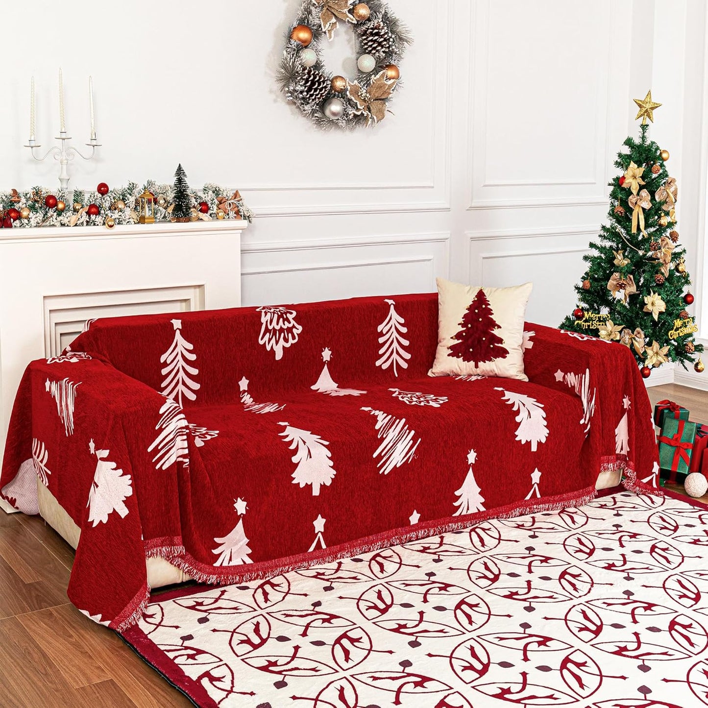 MYSKY HOME 71X102 inches Chair Christmas Couch Cover, Sectional Sofa Covers Sofa Slipcover for 1 Cushion Couch, L Shape Couch Covers for Dogs, Kids, Washable Sofa Blanket, Furniture Protector, Red