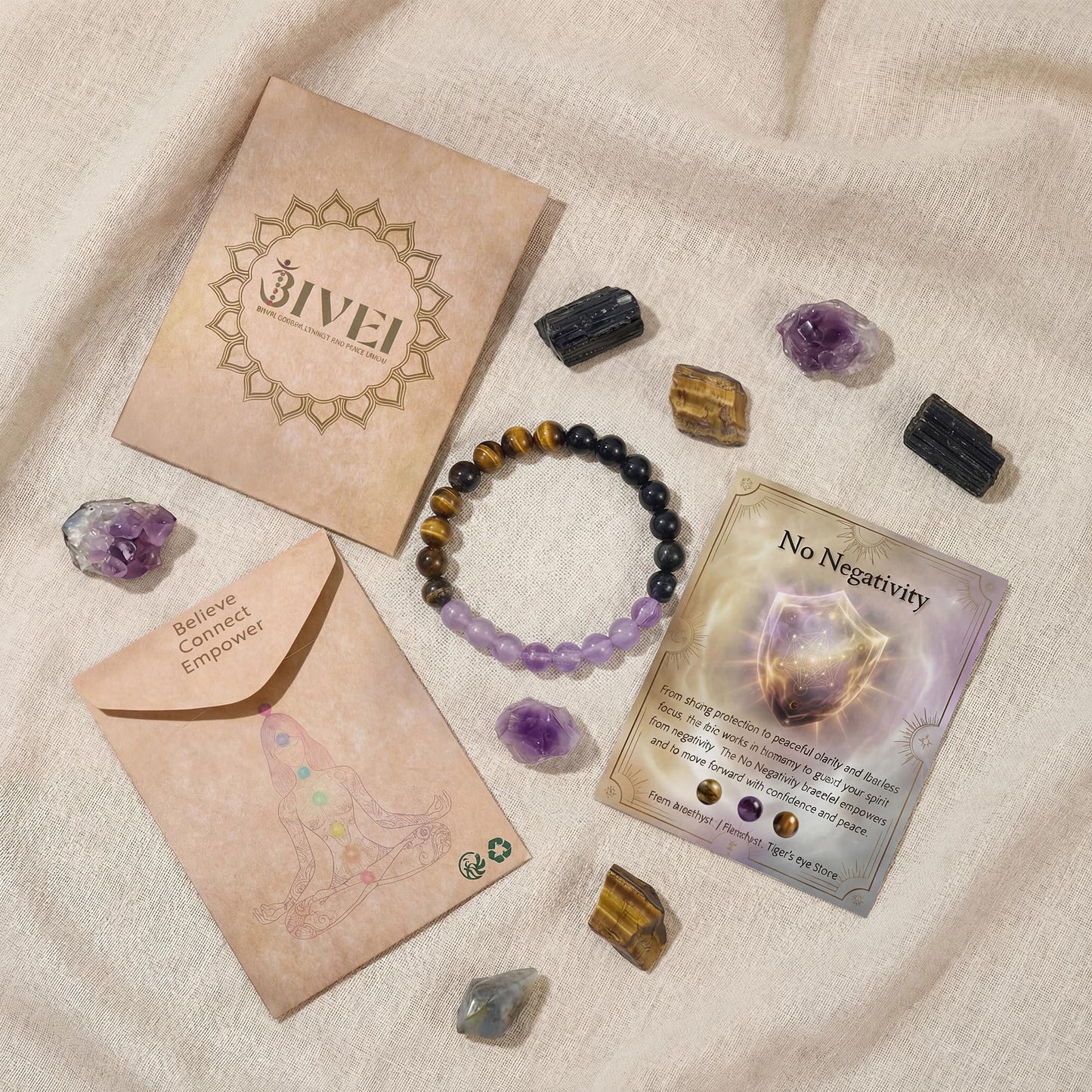 Bivei No Negativity Bracelet, Strength Crystal Healing Bracelet 8MM with Black Tourmaline & Amethyst & Tiger Eye - Spiritual Stretch Beaded Jewelry for Women Men Gift