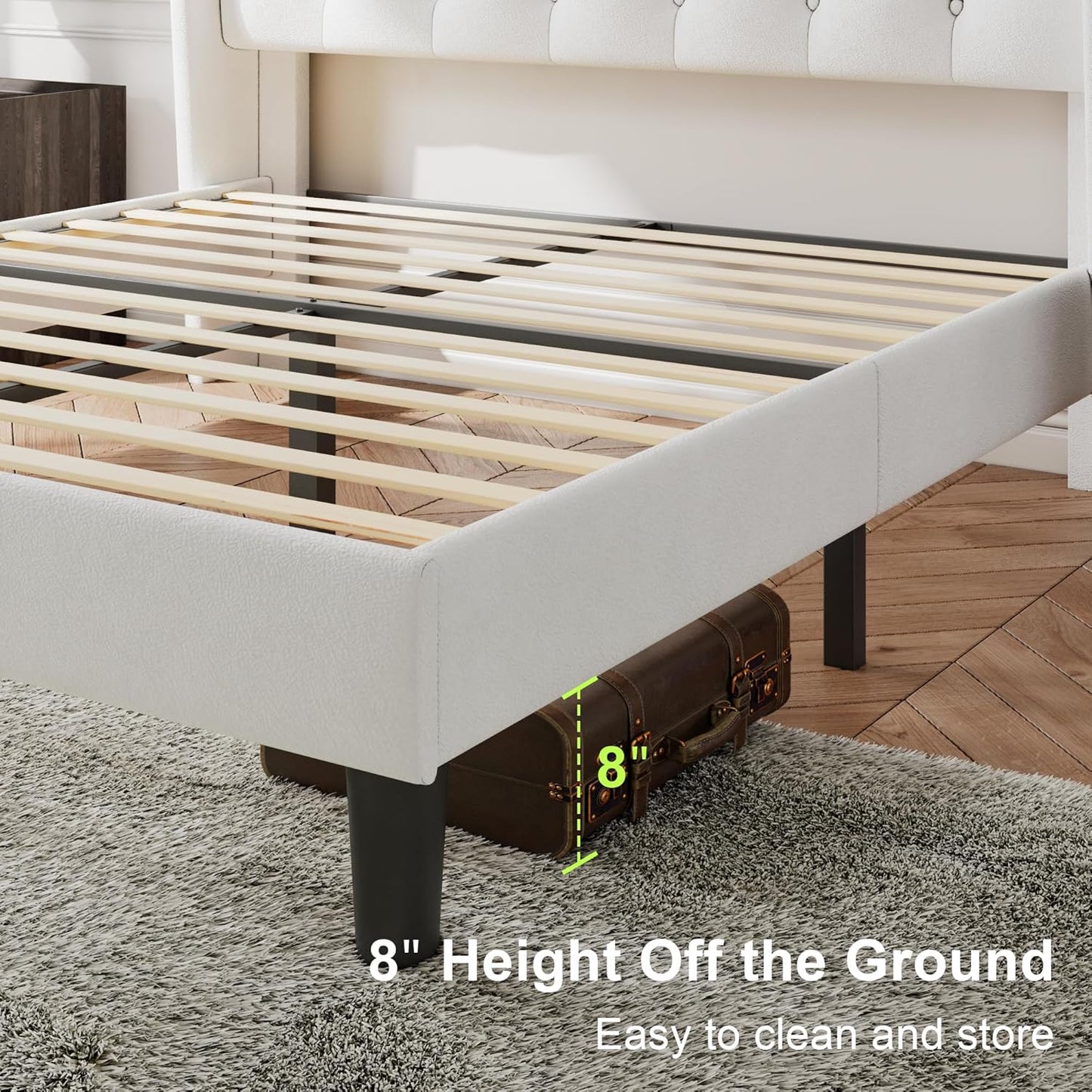 Feonase Full Size Bed Frame with Upholstered Wingback Headboard, Platform Bed and Heavy Duty Wooden Slats Support, Easy Assembly, Noise-Free, No Box Spring Needed, White