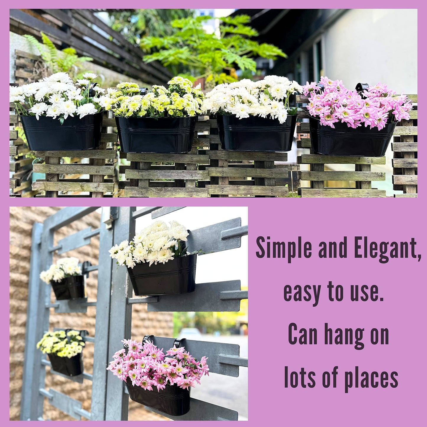 LaLaGreen Rail Planter Outdoor Plants (6 Pack, 9.8 Inch) Small and Cute Black Metal Iron Hanging Flower Pot Deck Railing Fence Buckets Countryside Style Window Box Plant Holder Hooks Porch Decor
