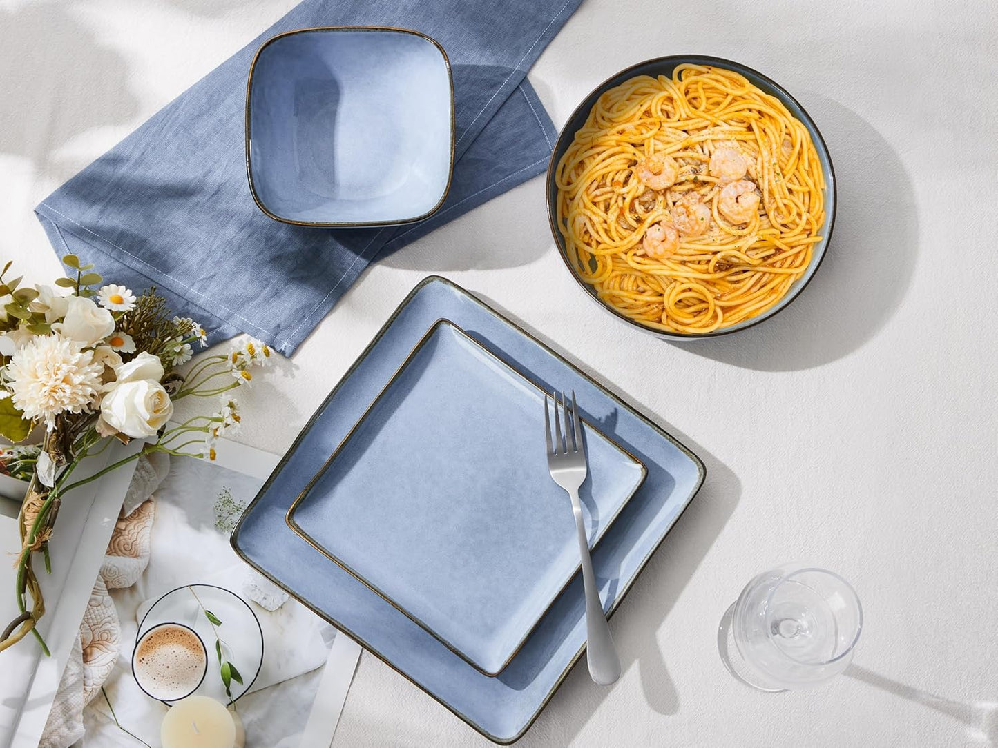 E-far Square plates and bowls Sets for 6, 18-Piece Reactive Glaze Stoneware Dinnerware Sets, Porcelain Dishware Sets for Kitchen Home, Microwave & Dishwasher Safe, Ocean Blue